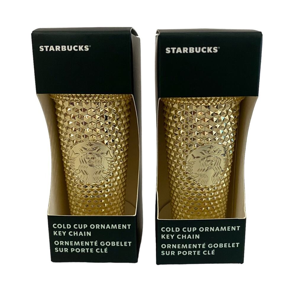 Starbucks Winter 2022 Cold Cup Ornament Keychain Gold Studded Bling NIB Lot of 2